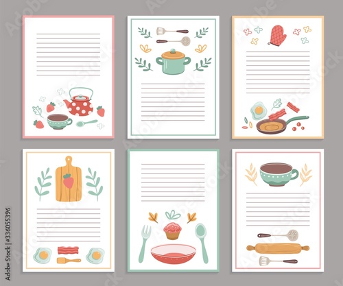 Recipe cards. Culinary book blank pages. Cookbook stickers, cute home menu. Banners for baking cooking with doodle kitchen tools vector set. Culinary page for recipe, cookbook card illustration photo