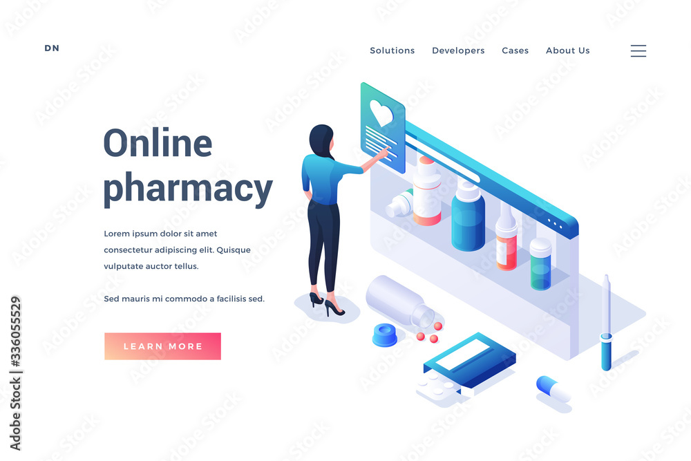 Isometric woman choosing medications in online pharmacy service Isometric woman choosing medications in online pharmacy service
