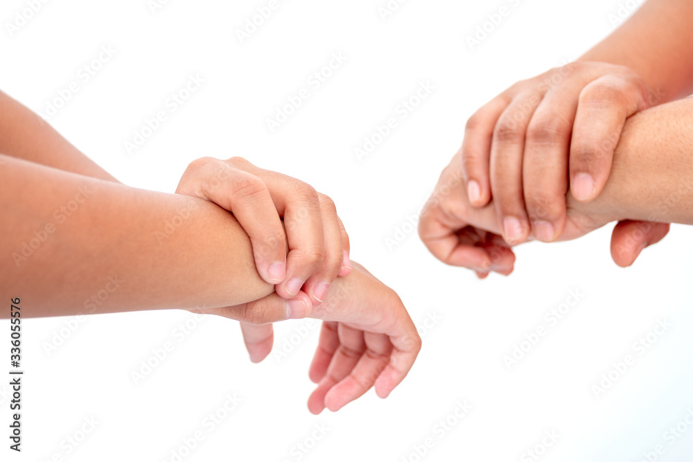 During the coronavirus epidemic mother teaches children to wash their hands with alcohol gel isolated on white background. During the coronavirus epidemic mother teaches children to wash their hands with alcohol gel isolated on white background.