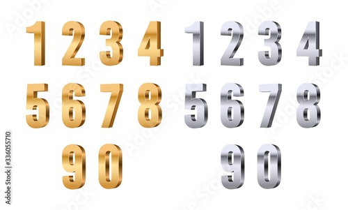 3d numbers. Gold silver digits, stylish beauty font elements. Glitter figures for price or sale, anniversary or discount. Shiny vector set. Illustration silver and gold dimensional numeral type number