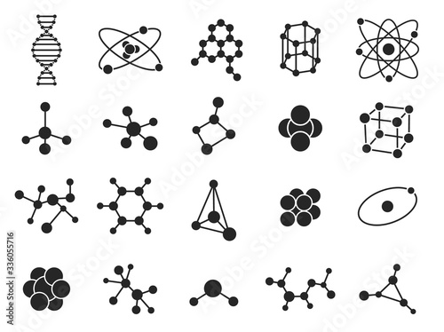Molecular structure. Science molecules, atom. Chemical bonds symbol. Dna structure or hormone particles. Isolated biotechnology vector icons. Molecular chemical, microbiology technology illustration