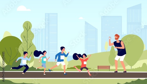 Children marathon. Kids athlete workout, run competition. School sport lesson in park. Friendly boy girl runners and coach vector illustration. Fast sprint, sport boy and girl runner exercise