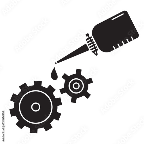 Cutout silhouette Oiler with dripping drop of oil lubricating two spinning gears. Outline icon of motor oil. Black illustration. Flat isolated vector image on white background. Bottle grease mechanism