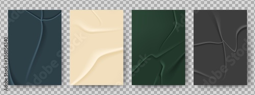 Crumpled paper. Creased texture, blank glued poster. Grungy sheet effect, colorful blank flyers. Realistic vector empty banners. Glued blank paper, texture sheet wallpaper or billboard illustration