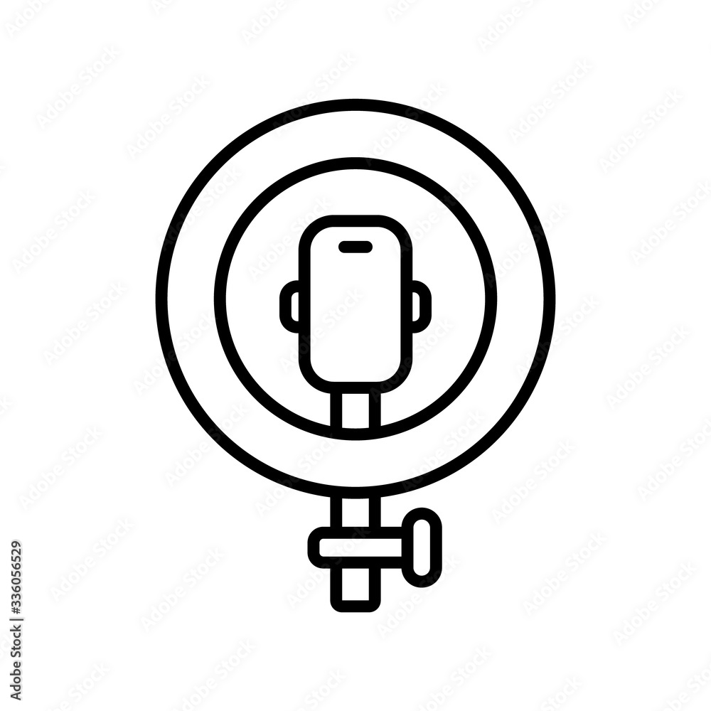 Led ring lamp with smartphone and part of stand. Line art icon. Black illustration of selfie or blogger. Contour isolated vector image on white background. Podcast emblem Led ring lamp with smartphone and part of stand. Line art icon. Black illustration of selfie or blogger. Contour isolated vector image on white background. Podcast emblem
