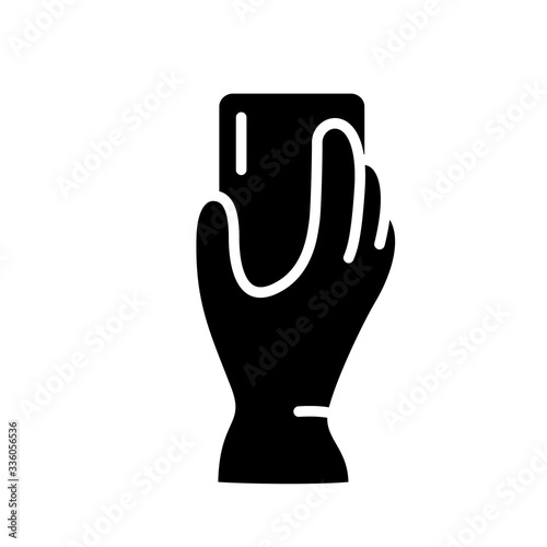 Silhouette Hand in household rubber glove holds washing sponge, soap. Outline  icon of detergents. Illustration for wet house cleaning, polishing surfaces, removing plaque, rust. Flat isolated vector