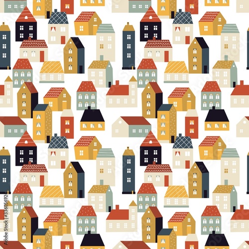 House pattern. Tiny city, cute scandinavian background with homes. Country lifestyle, neighborhood vector seamless texture. City urban tiny, town pattern cartoon illustration