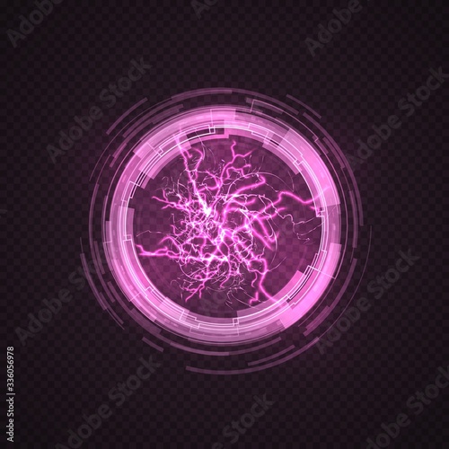 Lighting circle. Purple ball, energy plasma. Electric power explosion, pink sparks and thunderbolt sphere. 3d light discharge vector illustration. Light energy glow, globe power lightning