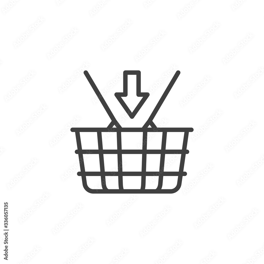 Add to basket line icon. linear style sign for mobile concept and web design. Shopping Basket With Down Arrow outline vector icon. Symbol, logo illustration. Vector graphics