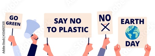 Save environment. Earth day, go green and eco world. Hands hold ecology posters, saving planet banners. Global nature activism and volunteering vector concept. Protest save ecology, holding banner
