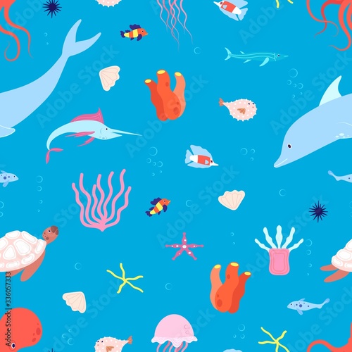 Sea animal pattern. marine life baby background. Cute cartoon octopus jellyfish fish. Ocean or aquarium illustration. Wild nature life vector seamless texture. Jellyfish and octopus seamless marine