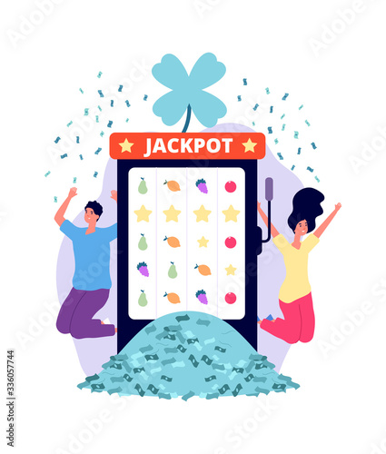 Jackpot winners. Online casino, lucky man woman with money pile. People playing lottery on slot machine vector illustration. Winner jackpot gambling, lucky game slot machine in casino