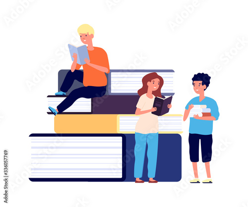 Kids reading. School children with books. Girl and boy, little students learning. Huge book and readers, education or library vector illustration. Children education on pile textbook, read books
