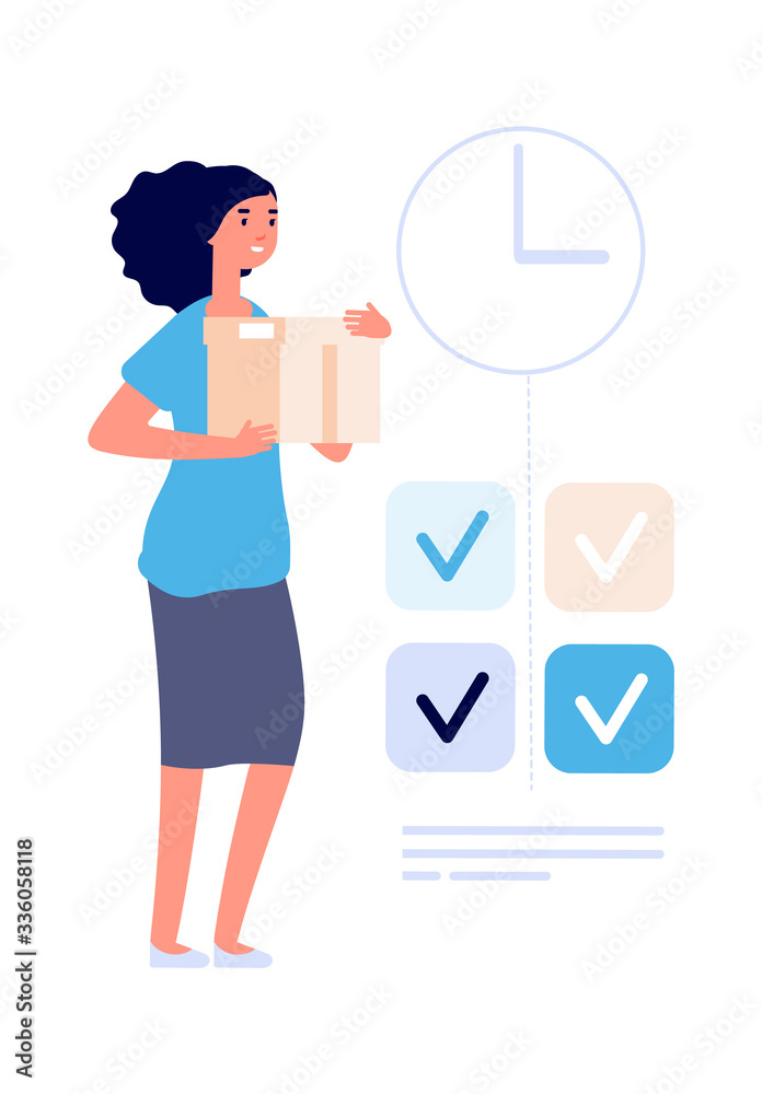 Woman with box. Smart delivery management. Girl package or parcel, post worker. Business assistant vector character. Illustration woman with package box, order delivering Woman with box. Smart delivery management. Girl package or parcel, post worker. Business assistant vector character. Illustration woman with package box, order delivering