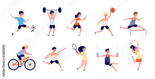 Sport children. Cartoon dance girls. Child with basketball ball, playing soccer raises barbell. Young healthy childhood vector illustration. Basketball and football, boy and girl activity with ball