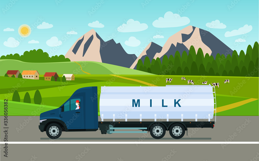 Milk carrier rides against the backdrop of a countryside landscape with cows. Vector flat style illustration.