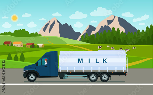 Milk carrier rides against the backdrop of a countryside landscape with cows. Vector flat style illustration.
