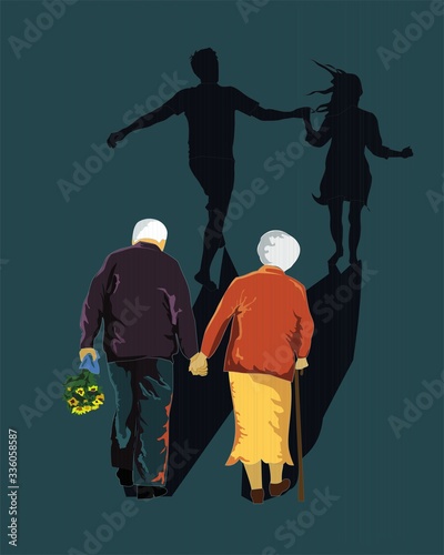 happy elderly couple walking hand in hand . Their love has no age. Love to the end. Vector illustration .