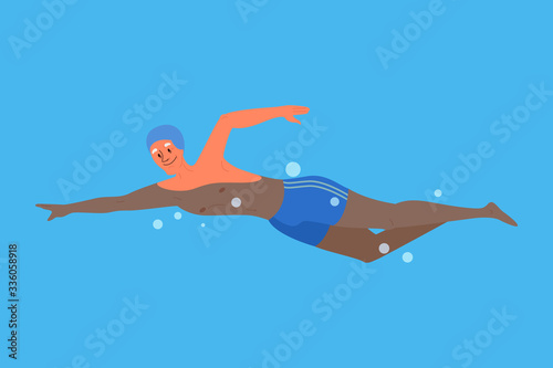 Old woman in swimming pool. Elderly character have an active © inspiring.team