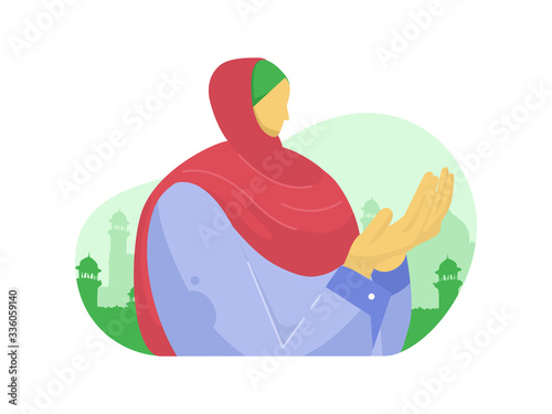 young muslim woman praying illustration. ramadan mubarak 1441 H. Holy month template arabian character using hijab flat design style for ui, greeting card, etc.