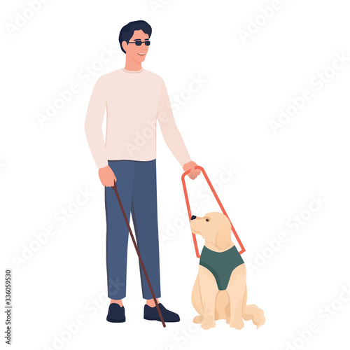 Blind young man with a guide dog. Disabled people living active life