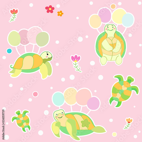 Seamless childish pattern with turtles air balloons. Creative kids hand drawn texture for fabric  wrapping  textile  wallpaper  apparel. Vector illustration