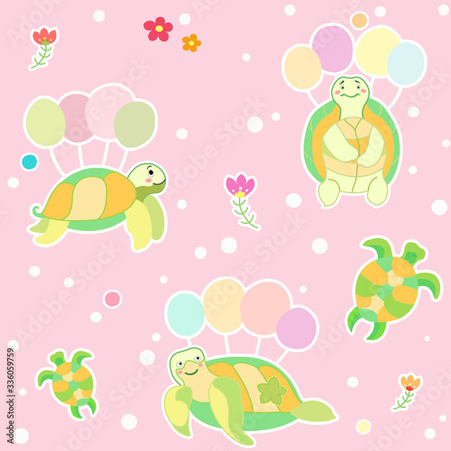 Seamless childish pattern with turtles air balloons. Creative kids hand drawn texture for fabric, wrapping, textile, wallpaper, apparel. Vector illustration