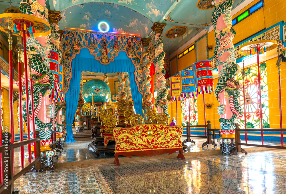 An inside look of a Cao Dai Monastery, this is the center of church tower officially attracting tourists to visit and admire in Tay Ninh, Vietnam