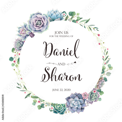 Beautiful greenery wedding invitation card on white background. Vector. Succulent, Wax flower, Sillver dollar plant.