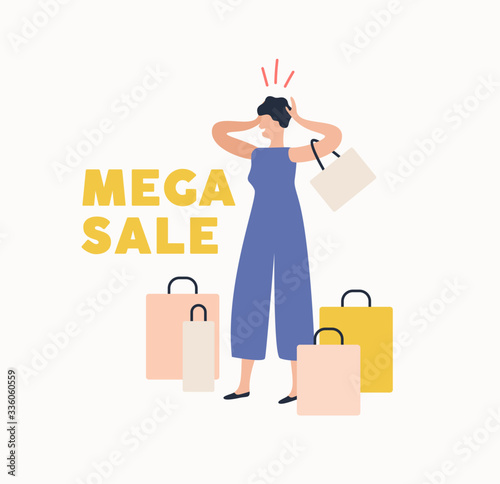 Shocked woman holding head surrounded by shopping bag enjoy mega sale isolated on white