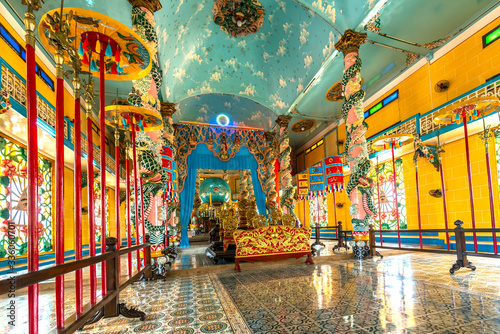 An inside look of a Cao Dai Monastery, this is the center of church tower officially attracting tourists to visit and admire in Tay Ninh, Vietnam © huythoai