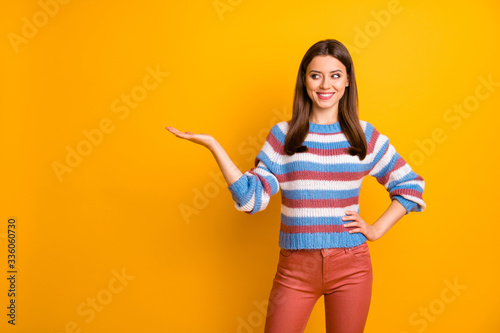 Portrait of positive cheerful girl promoter hold hand present new alternative promo look copyspace wear jumper isolated over bright color background © deagreez