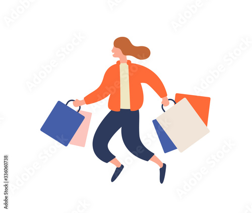Happy cartoon girl running with shopping bag during sale vector flat illustra...