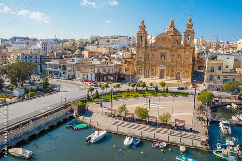 Aerial view of Msida paris church. Sunny day. Malta island