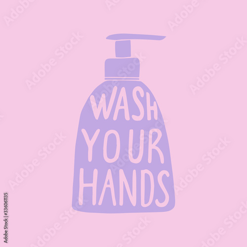Wash your hands lettering. Set of hand drawn elements. Pink and purple poster. Stock vector illustration.