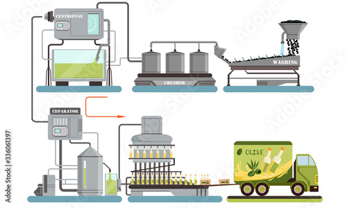 Olive Oil Production Process, Automated Line of Washing, Crushing, Separating, Bottling, Transporting Vector Illustration