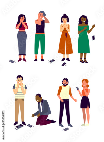 People of different race and gender dropping their phone down.