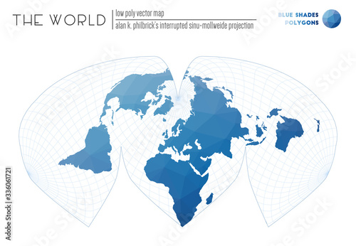 Abstract geometric world map. Alan K. Philbrick's interrupted sinu-Mollweide projection of the world. Blue shades colored polygons. Modern vector illustration.