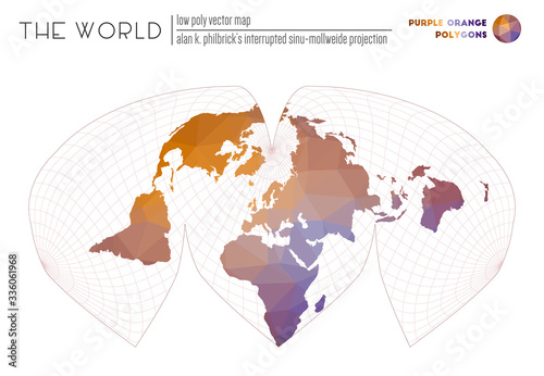Abstract world map. Alan K. Philbrick's interrupted sinu-Mollweide projection of the world. Purple and orange colored polygons. Amazing vector illustration.
