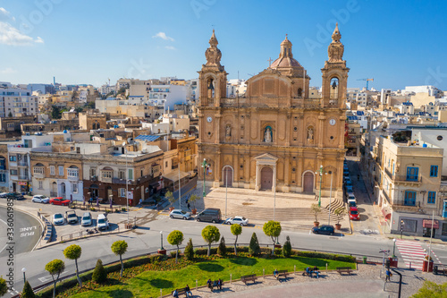 Aerial top view of Msida marina bay and church. Sunny day. Malta island photo