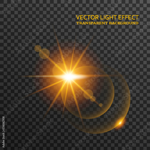 Light flare in golden color isolated on transparent background. Sun rays, glowing stars, sparkles with glow effect, vector illustration