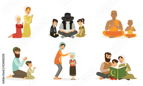 Happy Families of Different Religions Collection, Parents and Children in Traditional Clothes Praying and Reading Religious Books Vector Illustration