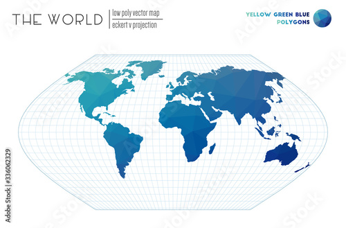 Abstract world map. Eckert V projection of the world. Yellow Green Blue colored polygons. Modern vector illustration.