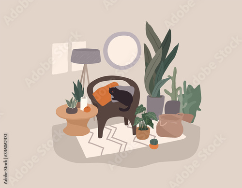 Girl girl sitting and resting on the couch with a cat and coffee. Daily life and everyday routine scene by young woman in scandinavian style cozy interior with homeplants. Cartoon vector