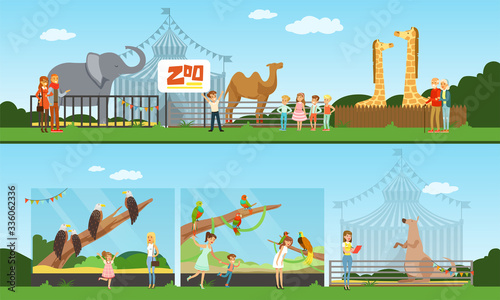 Fototapeta Naklejka Na Ścianę i Meble -  People Visiting the Zoo and Watching Different Wild Animals and Birds at Excursion Vector Illustration