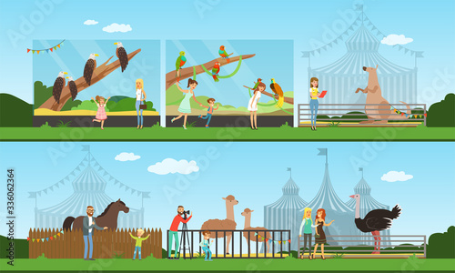 People Visiting the Zoo and Watching and Photographing Different Wild Animals and Birds at Excursion Vector Illustration