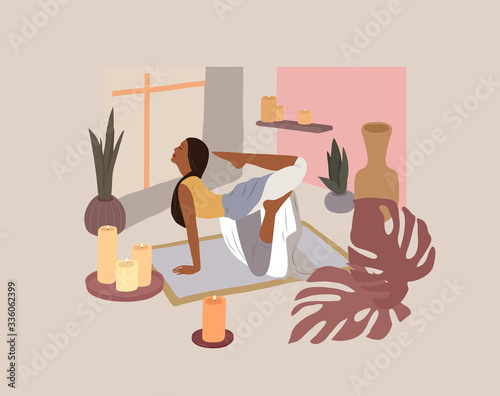 Cute girl doing yoga poses. Lifestyle by young woman in home interior with homeplants. Fashion illustration by femininity, beauty and mental health. Feminine cartoon