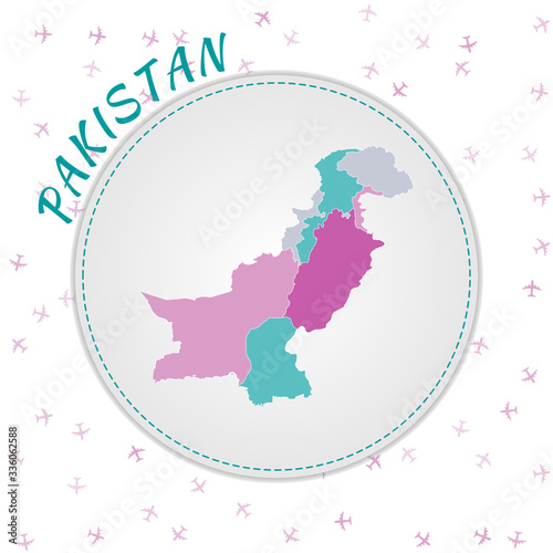 Pakistan map design. Map of the country with regions in emerald-amethyst color palette. Rounded travel to Pakistan poster with country name and airplanes background. Powerful vector illustration.