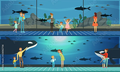 People Visiting Oceanarium, Parents and their Kids Watching Underwater World with Sea Animals Vector Illustration