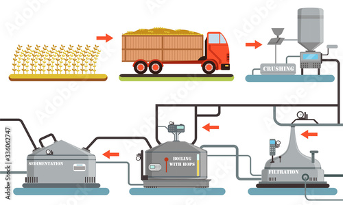Beer Production Process, Harvesting, Crushing, Sedimentation, Boiling with Hops, Filtration Automated Line Vector Illustration